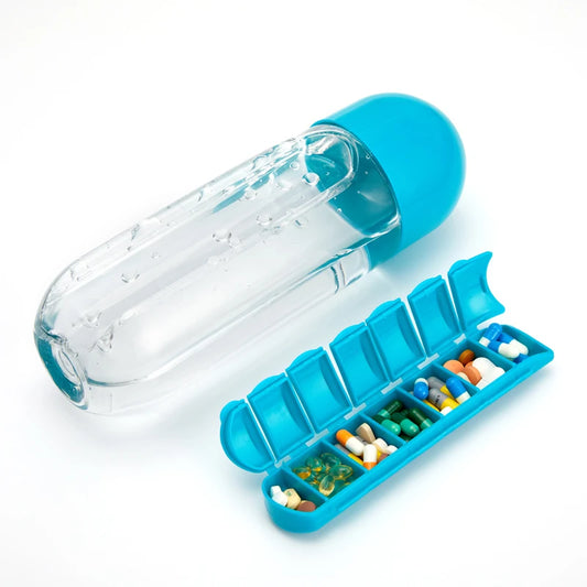 Doseit water bottle with the pill organizer tray removed and filled with vitamins